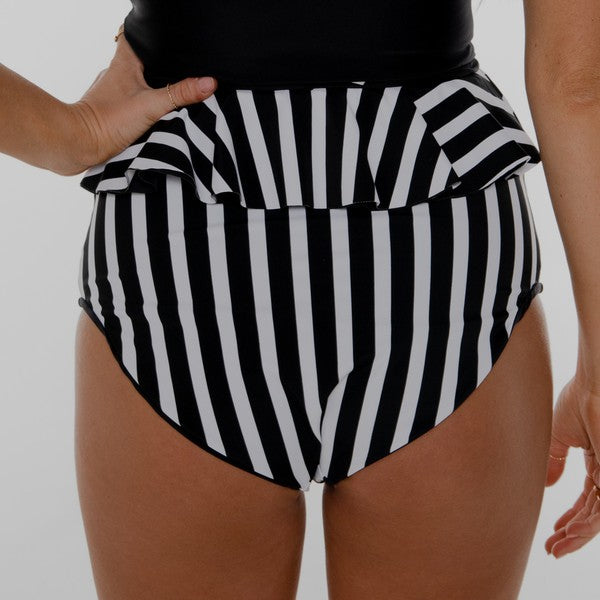 Black & Stripe Reversible Peplum Ultra High Swim Bottoms