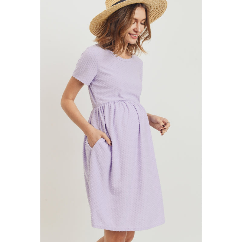 Lilac Short Sleeve Swiss Dot Maternity Dress with Pockets