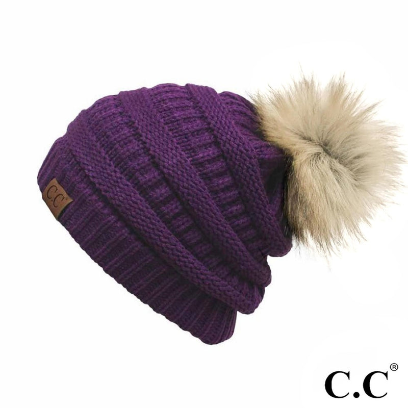 Solid Ribbed Beanie with Fur Pom