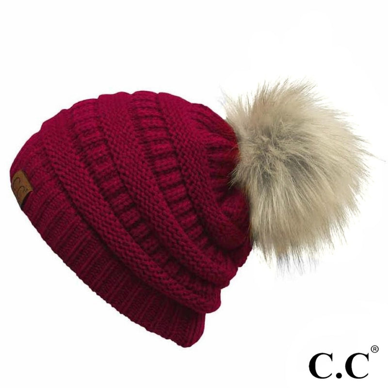 Solid Ribbed Beanie with Fur Pom