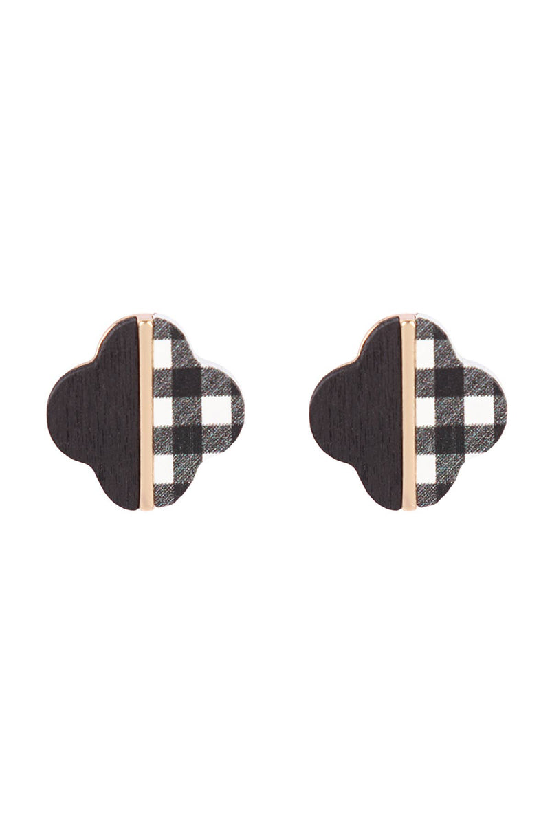 Black Checkered Two-Tone Clover Wood Stud Earrings