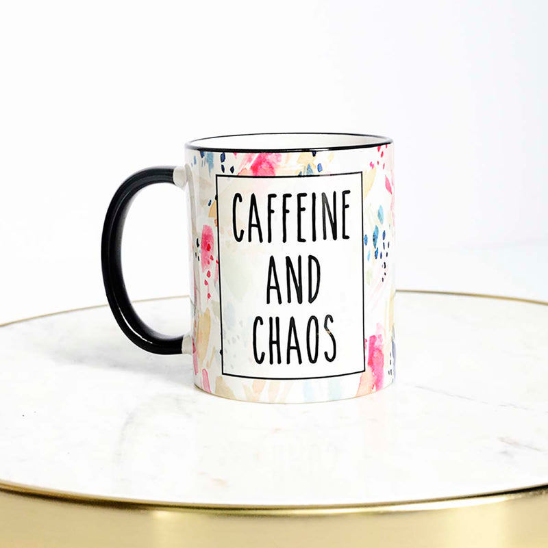 Caffeine and Chaos Black Rim Ceramic Mug