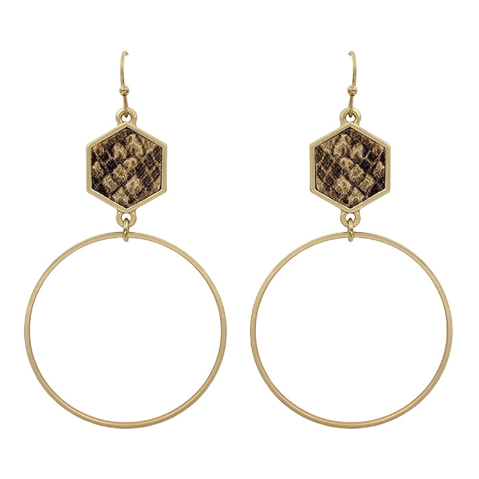 Gold Hoop with Snake Print Hexagon Earrings