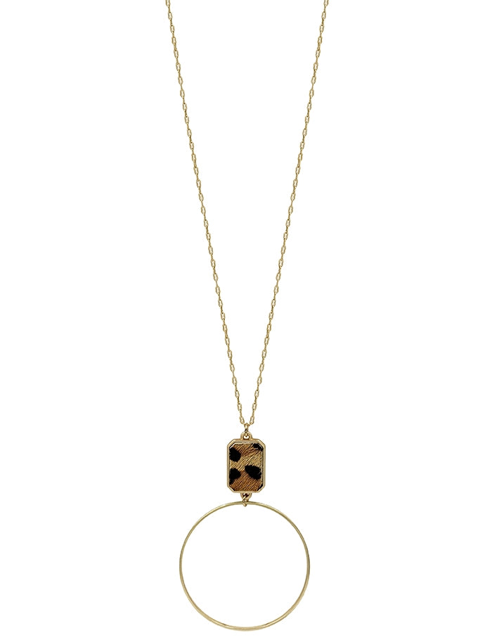 Rectangle Cheetah Print with Gold Circle Drop Necklace