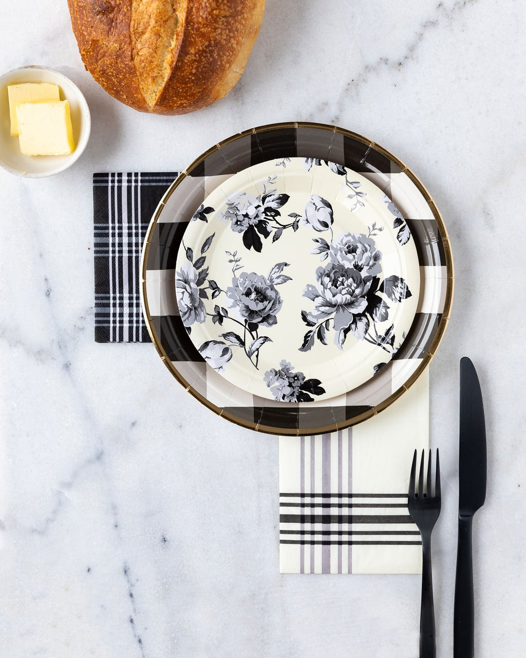 Black and Cream Floral Plates