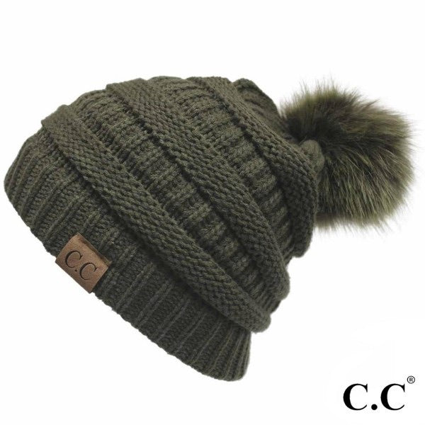 Solid Color Ribbed Knit Pom Beanie