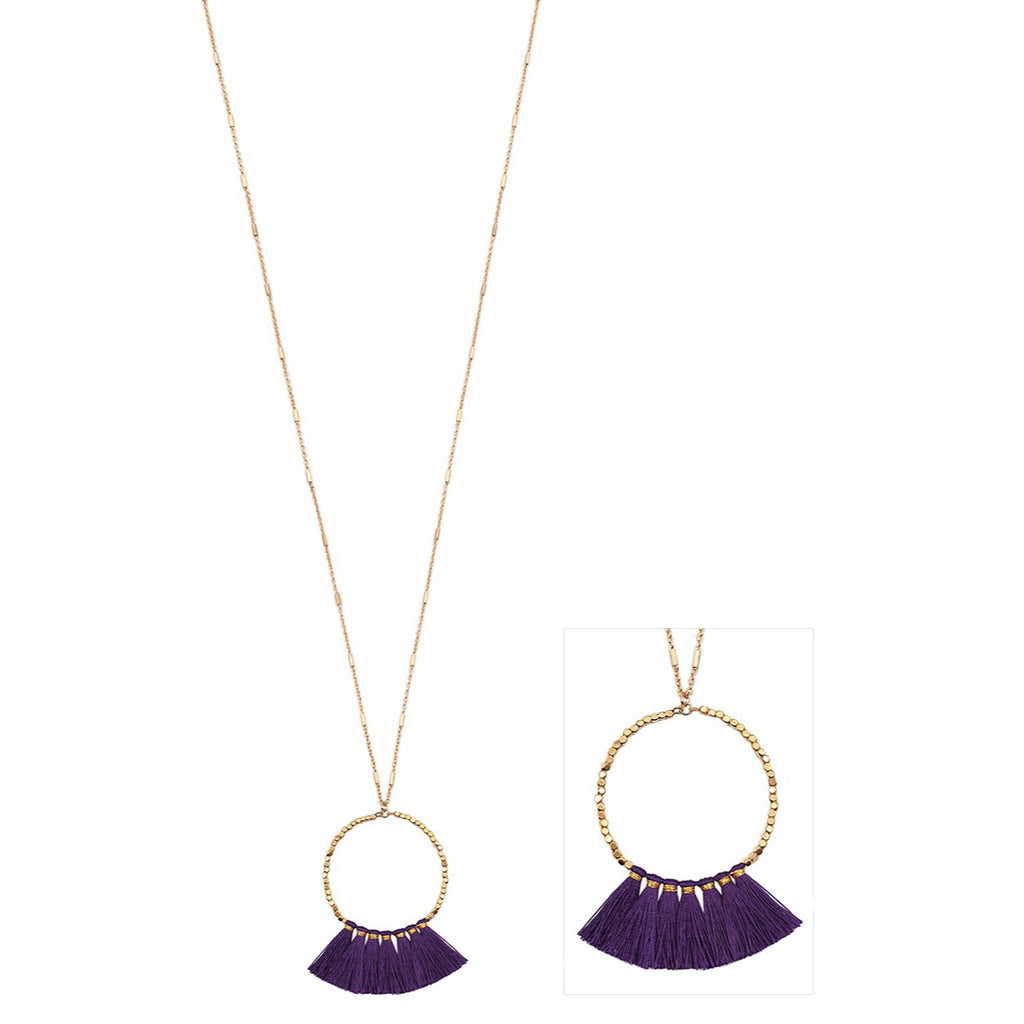 Gold Beaded Hoop with Purple Fabric Tassels Necklace