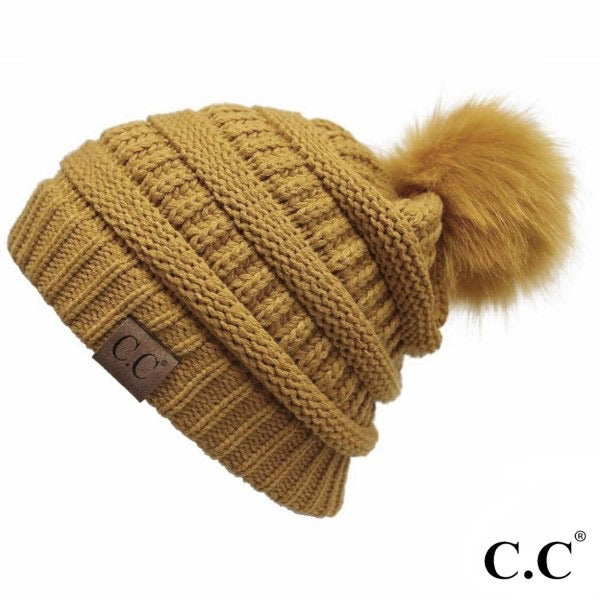 Solid Color Ribbed Knit Pom Beanie