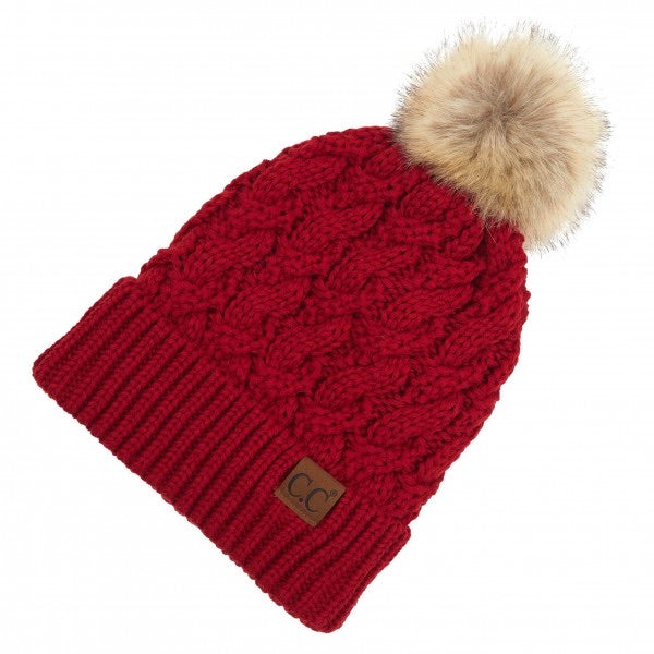 Twisted Knit Pom Beanie with Inside Lining