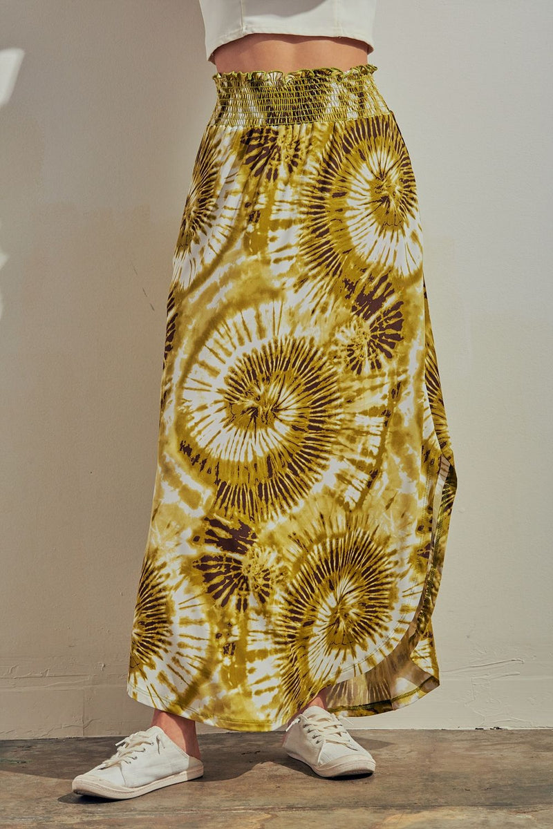 Andy - Tie-Dye Rounded Hem Side Slit Pocketed Maxi Skirt