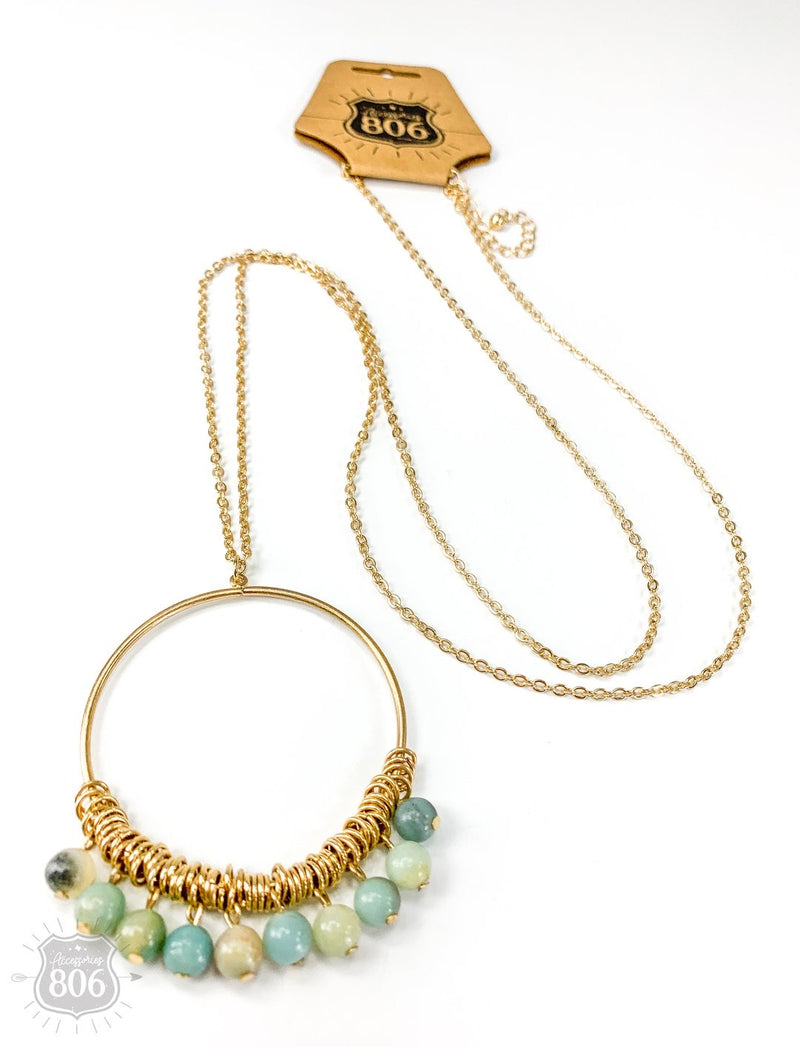 Long Gold Circle Necklace with Green Beads