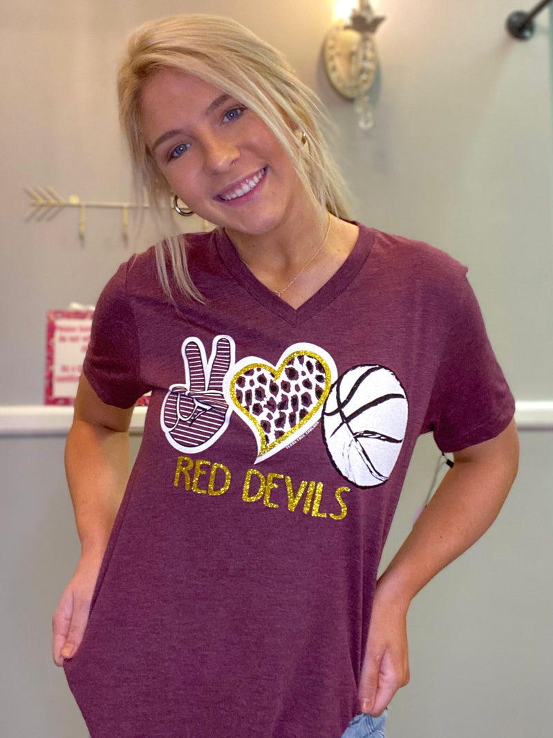 Peace, Love, and Red Devils Basketball V-Neck Tee
