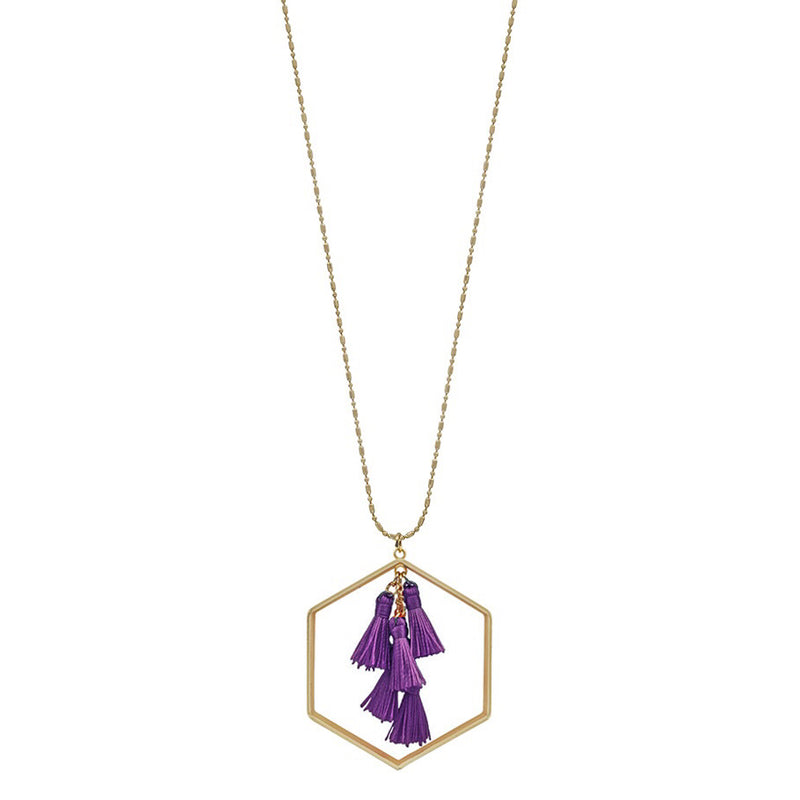 Gold Hexagon with Purple Tassel Necklace